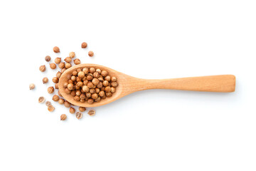 Coriander seed in wooden spoon isolated on white background , top view , flat lay.