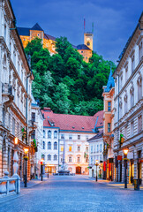 Ljubljana, Slovenia. Twilight scene with the castle and old town.