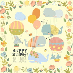 Cartoon Card with Cute Whales celebrating Birthday