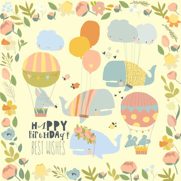Cartoon Card with Cute Whales celebrating Birthday