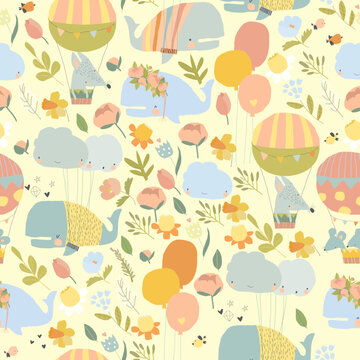 Seamles Pattern with Cute Whales celebrating Birthday