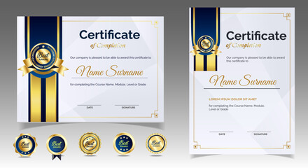 Certificate of appreciation template, gold and blue color. Clean modern certificate with gold badge. Certificate border template with luxury and modern line pattern. Diploma vector template. EPS 10