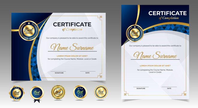Certificate of appreciation template, gold and blue color. Clean modern certificate with gold badge. Certificate border template with luxury and modern line pattern. Diploma vector template. EPS 10