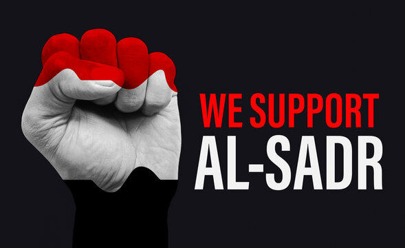 Iraqi Protesters Protesting Against Iran Concept. We Support Iraq President Concept. Iraq Protests Concept. Political Crises In Iraq. Raised Fist Showing Support To Iraq. Iraq Tensions.