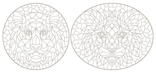 A set of contour illustrations in the style of stained glass with abstract tigers, dark contours on a white background