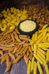 A lot of kinds of pasta on a table 
