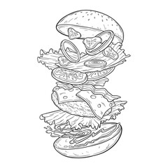 Hand drawn black and white line art vector illustration of jumping Burger ingredients; burger bun, lettuce, tomato slice, cheese, meat, ketchup.