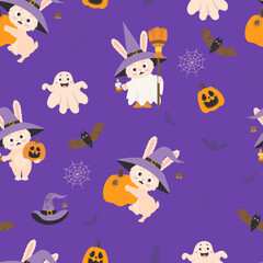 Seamless pattern Halloween. Cute rabbit in witch hat with broom, Pumpkin Jack and funny ghost on purple background with bats and cobweb. Vector illustration. Cute halloween background kids collection.