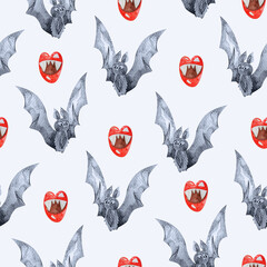 Bat and vampire teeth halloween watercolor seamless pattern. Template for decorating designs and illustrations.