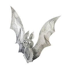 Bat with big eyes watercolor single halloween element. Template for decorating designs and illustrations.