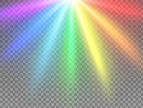 Rainbow rays on transparent background, light beams of color spectrum, vector lens flare effect. Magic rainbow shine glare or realistic spotlight rays and beams of rainbow colors gradient glow