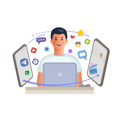 A young man is working on a laptop computer. Creative business ideas, planning of economic tasks.
 3d vector illustration. Cartoon style.