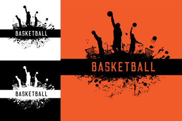 Basketball players poster with grunge silhouettes. Sport team competition, basketball championship or league tournament grunge vector background with players throwing ball, paint or ink splatters © Vector Tradition