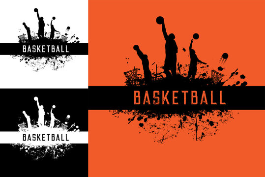Basketball players poster with grunge silhouettes. Sport team competition, basketball championship or league tournament grunge vector background with players throwing ball, paint or ink splatters