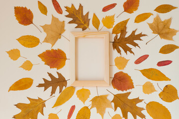 An empty wooden frame surrounded by yellow fallen leaves on a beige background. Autumn fla lay