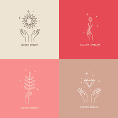 Boho sun, flower, gem and twig with moon and star in hand, vector line icons. Bohemian mystic or esoteric symbols and emblems of crystal and woman hand with flower and crystal gem of magic healing