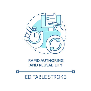 Rapid Authoring And Reusability Turquoise Concept Icon. Learning Content Management Abstract Idea Thin Line Illustration. Isolated Outline Drawing. Editable Stroke. Arial, Myriad Pro-Bold Fonts Used