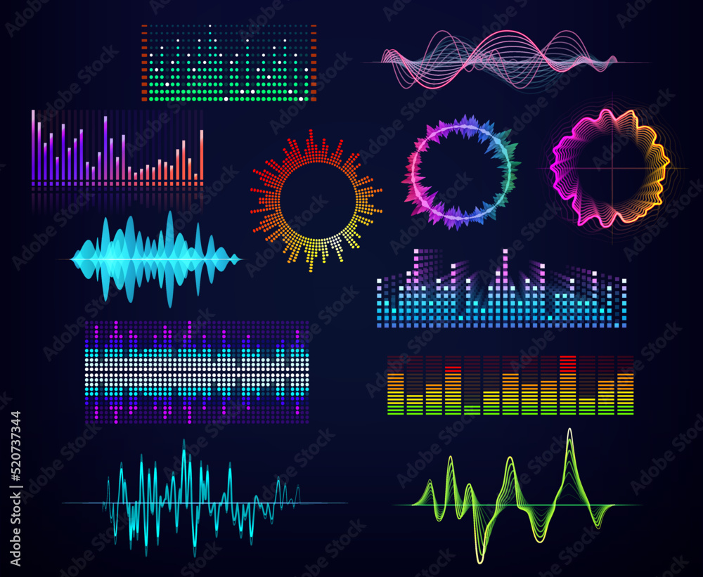 Poster Audio equalizers and sound waves, neon circles and round glows, vector icons. Sound equalizer and voice assistant or recognition app soundwave icons with neon colors for music player