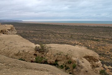 A view of the ecological disaster, the Dry Aral Sea, from the Ustyurt Plateau. Karakalpakstan. Uzbekistan
