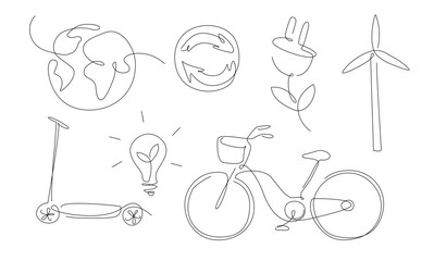One line sustainability elements. outline renewable energy. green life and green planet. e transportation.