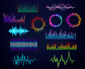 Audio equalizers and sound waves, neon circles and round glows, vector icons. Sound equalizer and voice assistant or recognition app soundwave icons with neon colors for music player - obrazy, fototapety, plakaty