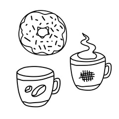 Coffee set hand draw elements mug, cup of tea or coffee and cake, donut isolated on white background