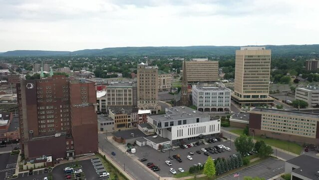Utica, New York with drone video close up moving sideways.
