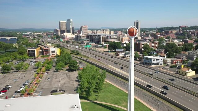 Basketball Hall of Fame in Springfield, Massachusetts with drone video moving forward close up.