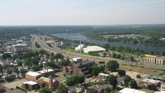 Basketball Hall of Fame in Springfield, Massachusetts with drone video moving forward wide shot.