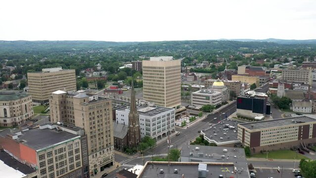 Utica, New York skyline with drone video moving sideways.