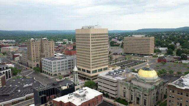 Utica, New York with drone video close up moving sideways.