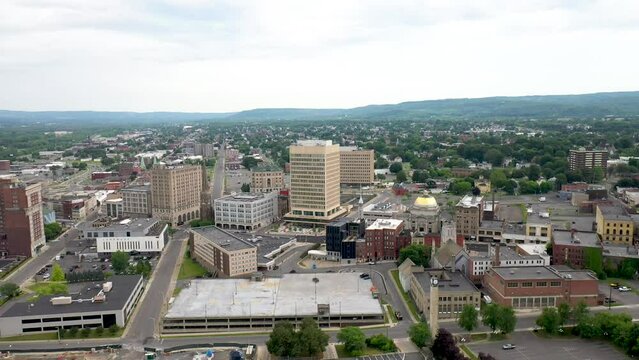 Utica, New York skyline with drone video moving down.