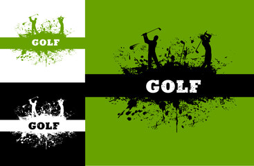 Naklejka na ściany i meble Golfing sport banner with golf players silhouettes. Golf club, sport tournament or competition grungy vector background, wallpaper with golf player swinging club, black paint splatter or blotch