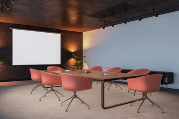 Modern meeting room interior with red furniture and empty white mock up banner for presentation and advertisement. Workplace, law and legal concept. 3D Rendering.