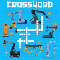 Robot arms factory, crossword grid or find word quiz game, vector worksheet. Crossword puzzle to guess words of industrial robot arms or mechanical hydraulic machine and robotic hands