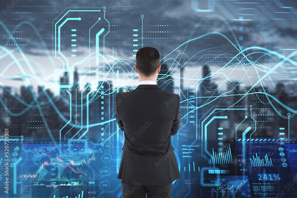 Poster back view of attractive young european businessman looking at high-tech sensor circuit board panel h