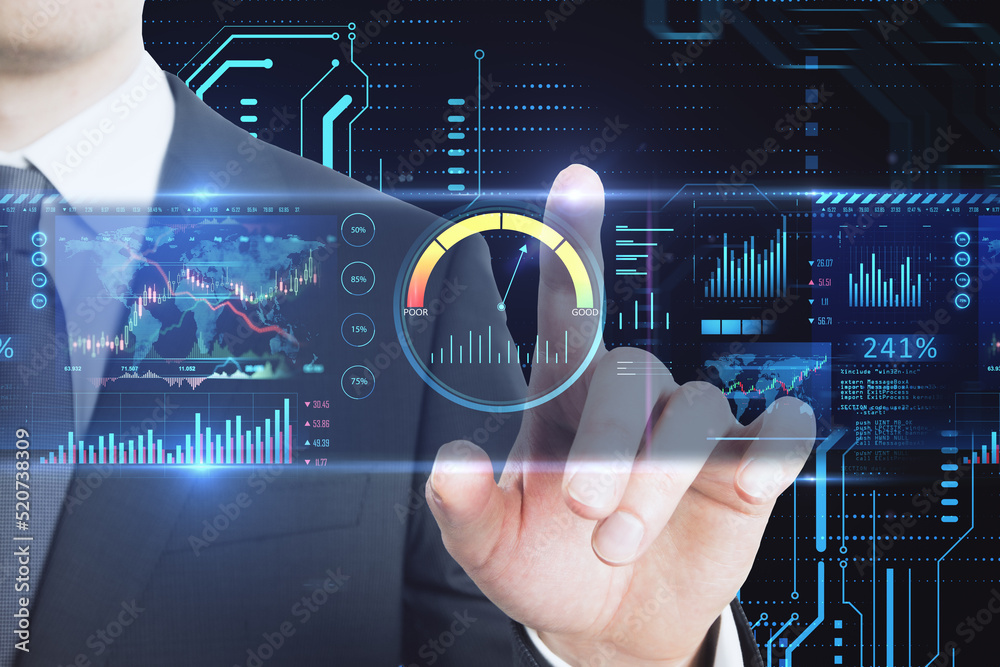 Poster close up of businessman hand pointing at high-tech sensor circuit board panel hologram with business