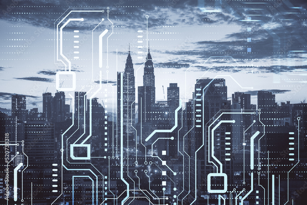 Poster High-tech sensor circuit board panel. Technology and digital communication concept on blurry city backdrop. Double exposure.