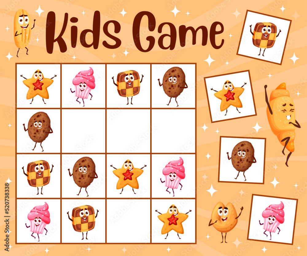 Poster sudoku game worksheet, cartoon bakery and cookies characters, vector kids puzzle. sudoku riddle grid