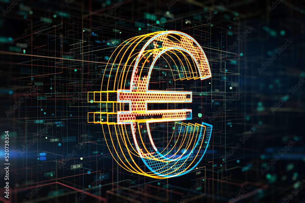 Poster creative glowing golden tech euro icon hologram on blurry background. crypto currency and technology