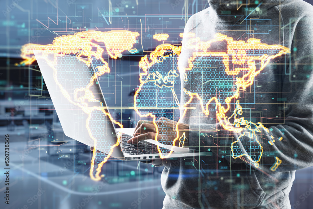 Poster Hacker hands using laptop with abstract glowing golden map hologram on blurry background. Digital world, hacking, malware and technology concept. Double exposure.