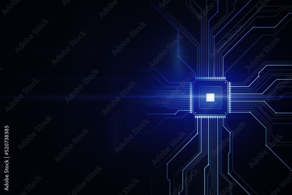 Poster Creative glowing chip circuit hologram on dark backdrop with mock up place. CPU and metaverse concept. 3D Rendering.