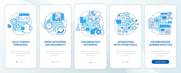Learning content management system blue onboarding mobile app screen. Walkthrough 5 steps editable graphic instructions with linear concepts. UI, UX, GUI template. Myriad Pro-Bold, Regular fonts used
