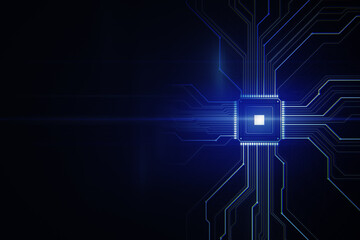 Creative glowing chip circuit hologram on dark backdrop with mock up place. CPU and metaverse concept. 3D Rendering.