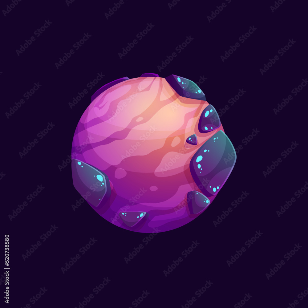 Poster cartoon galaxy space planet with mountain craters surface. space comic planet gui vector icon with r