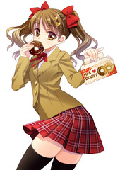 Anime-style illustration of a high school girl buying and eating donuts after school.