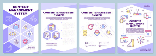 Content management system purple brochure template. Leaflet design with linear icons. Editable 4 vector layouts for presentation, annual reports. Arial-Black, Myriad Pro-Regular fonts used