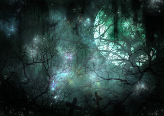 お墓のある霧のかかった満月が出た夜の森