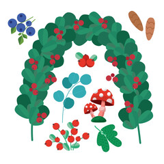 Christmas garland, arch with leaves and berries. Decorative elements, eucalyptus leaves, berries, mushrooms for New Year design. Stylized drawing in flat style. Vector hand drawn illustration.