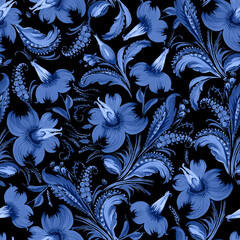 Floral seamless pattern in Ukrainian folk painting style Petrykivka. Blue flowers and leaves on a black background - obrazy, fototapety, plakaty